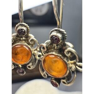 VTG Boma 925 Sterling Silver Baltic Amber Garnet Cabochon Drop Earrings Boho